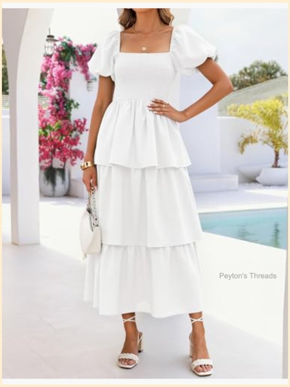 Summer Smocked Midi Dress Puff Short Sleeve Flowy Tiered Boho - Picture 5 of 7